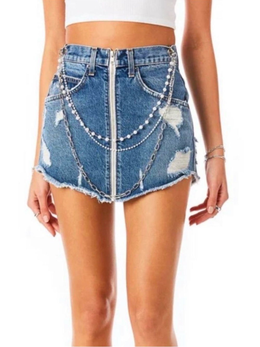 Carmar Beatrice Pearl and Chain Distressed Mini Skirt